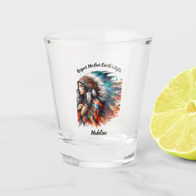 Native Indian woman stands proudly Shot Glass (Front)