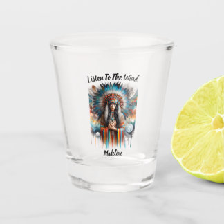 Native Indian woman vibrant feather headdress Shot Glass