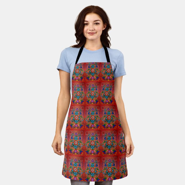 Native Indigenous Ojibwe Sangria Floral Pattern Apron (Worn)