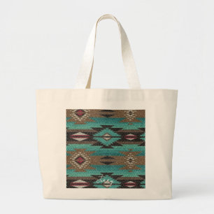 Native Inspired Textured Print Turquoise Red Large Tote Bag