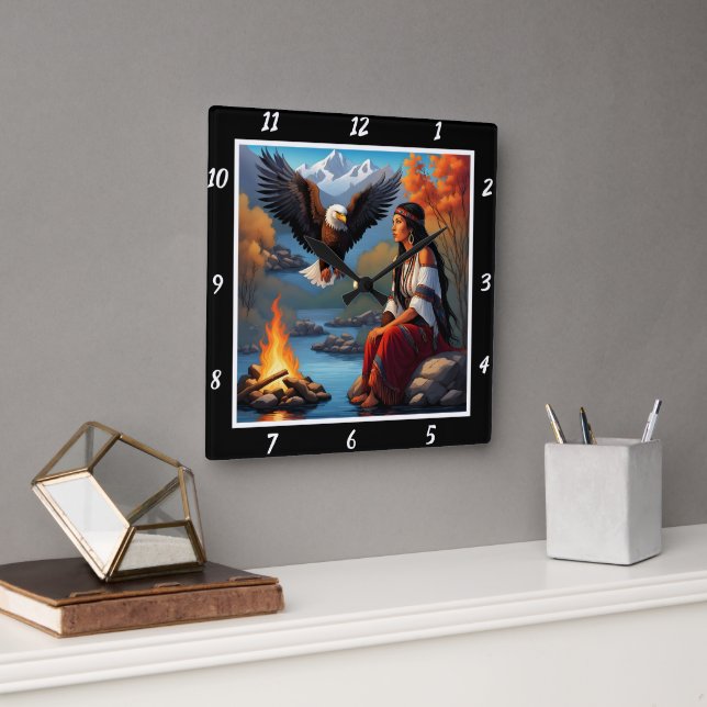 Native Majesty: Eagle's Flight River's Glint Square Wall Clock (Office)