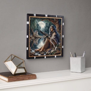 Native Moonlit Glade: Wisdom Keeper Art Square Wall Clock