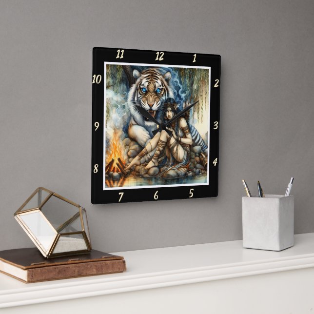 Native Nights: Tiger's Shadow Star's Dance Square Wall Clock (Office)