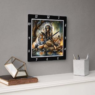 Native Power: Tiger's Leap Forest's Shadow Square Wall Clock
