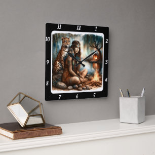 Native Radiance: Tiger's Roar Forest Glow Square Wall Clock