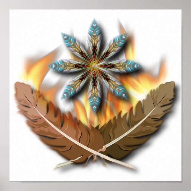 native red tailed hawk feathers and flames digital poster (Front)