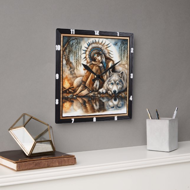 Native Reverie: Willow's Shade Twilight Peace Square Wall Clock (Office)