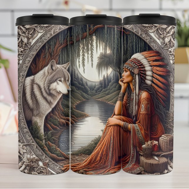 Native Reverie, Wolf Guardian, Moonlit. Frame. Thermal Tumbler (Creator Uploaded)