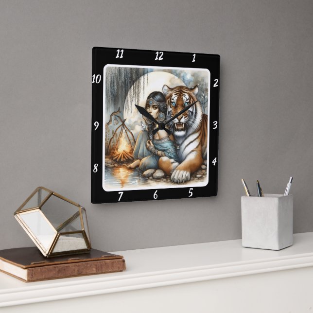 Native Rhythm: Willow Dance Tiger's Pace Square Wall Clock (Office)