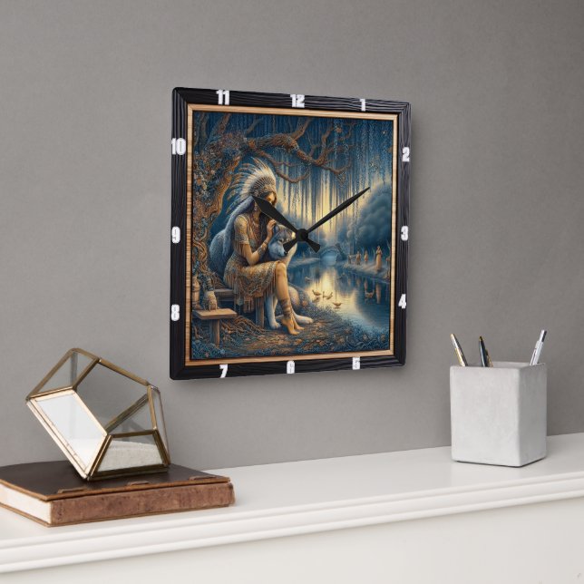 Native River Rhythm: Wildwood Heart Beat Square Wall Clock (Office)