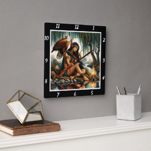 Native Secrets: Eagle's Glance Moon's Glow Square Wall Clock