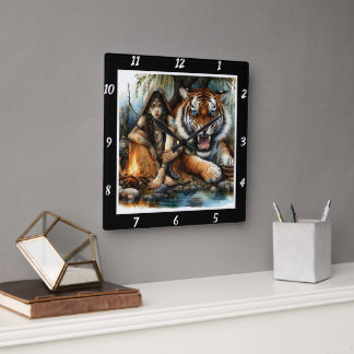 Native Serenity: Tiger's Dream Starlight Pines Square Wall Clock