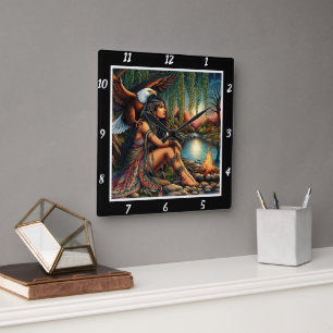 Native Shadows: Eagle's Form Star's Dance Square Wall Clock