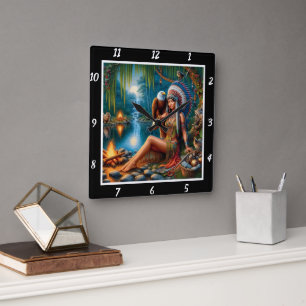 Native Shadows: Eagle's Wing Star's Glow Square Wall Clock