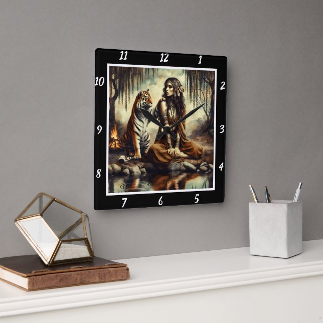 Native Solitude: Tiger's Shadow Willow Peace Square Wall Clock (Office)