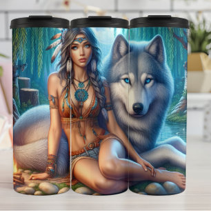 Native Southwest Serenity, Woman and Wolf. Thermal Tumbler