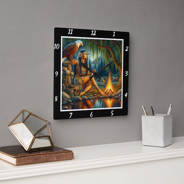 Native Spirit: Eagle's Wing Forest's Breath Square Wall Clock (Office)