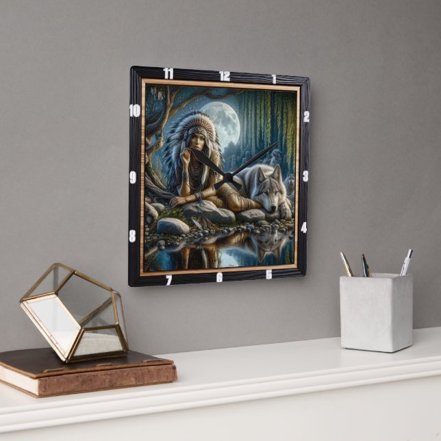 Native Spirit: Flowing Stream Golden Light Square Wall Clock (Office)