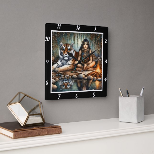 Native Spirit: Tiger's Glance Stream's Flow Square Wall Clock (Office)