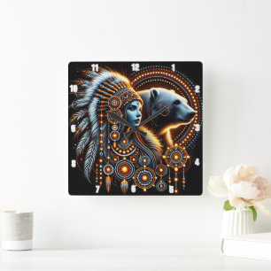 Native Spirit With Bear in Luminous Design Square Wall Clock