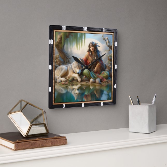 Native Starry Night: Pines Echoes Calm Square Wall Clock (Office)