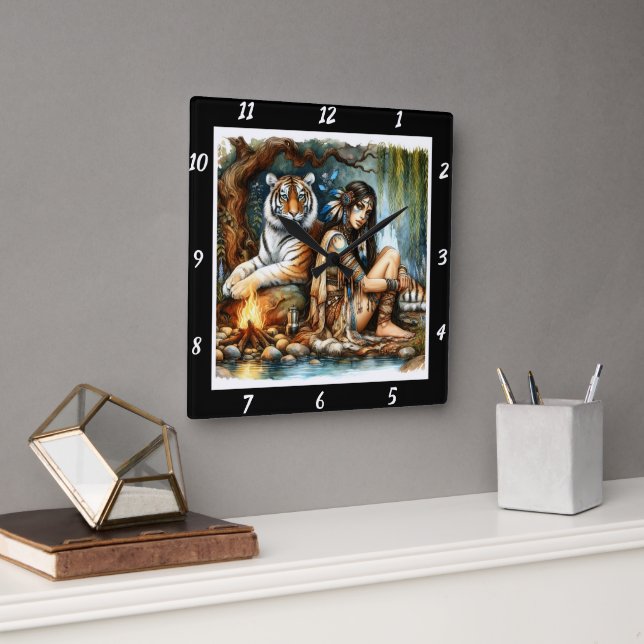 Native Strength: Tiger's Might Forest's Depths Square Wall Clock (Office)