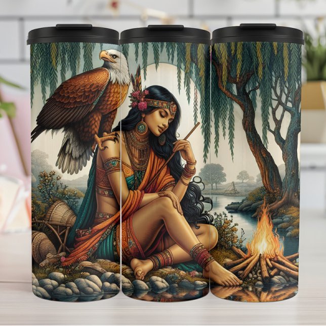 Native Thoughtful Maiden, Eagle, Riverside Calm Thermal Tumbler (Creator Uploaded)