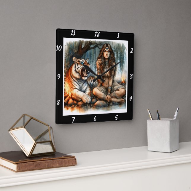 Native Trails: Tiger's Tracks Willow's Whisper Square Wall Clock (Office)