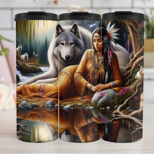 Native Tranquil Reflection, Woman and Wolves. Thermal Tumbler