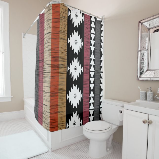 Native Tribal Colourful Lines Pattern Shower Curtain (In Situ)