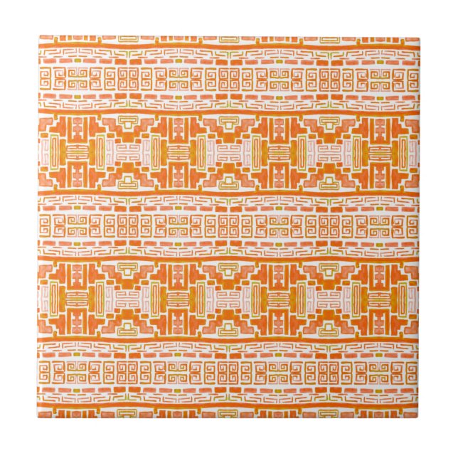 Native Tribal Orange Boho Tribal Pattern Ceramic Tile (Front)