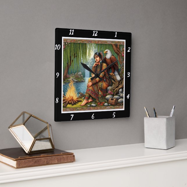 Native Twilight: Eagle's Shadow Willow's Rest Square Wall Clock (Office)