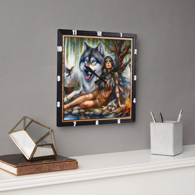 Native Twilight Tale: Gentle Watch Calm Square Wall Clock (Office)