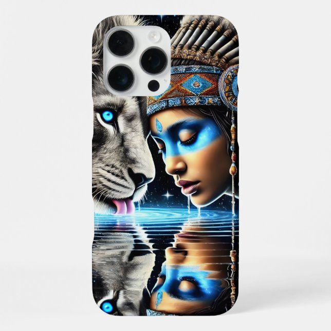 Native Warrior and Lion Moonlit Reflection iPhone Case (Back)