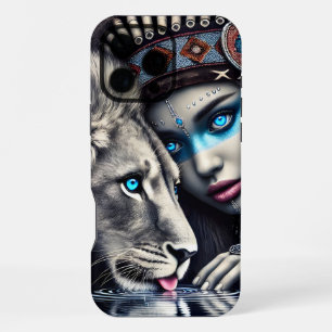 Native Warrior and Lion Under Moonlight iPhone 16 Pro Max Case