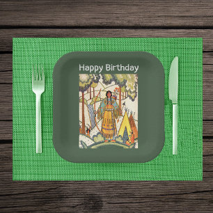 Native Western American Indian Woman Woods Green Paper Plate
