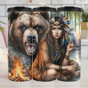 Native Woman and Grizzly Bear Thermal Tumbler