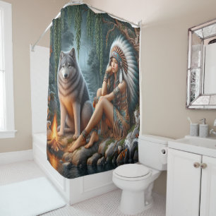 Native woman and wolf by the stream shower curtain