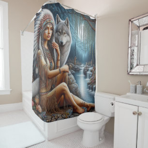 Native woman and wolf by the stream shower curtain