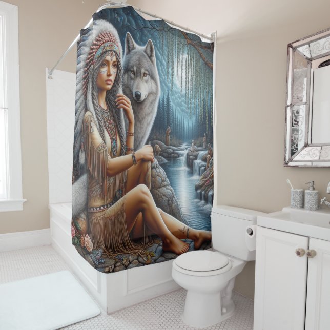 Native woman and wolf by the stream shower curtain (In Situ)