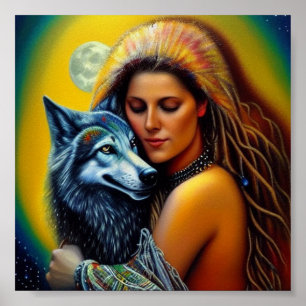 Native woman and wolf poster