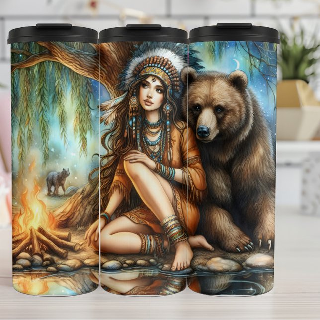 Native Woman, Bear, Campfire: Still Waters Thermal Tumbler (Creator Uploaded)