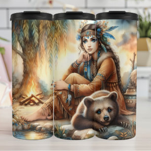 Native Woman, Bear Cub: Campfire Thermal Tumbler