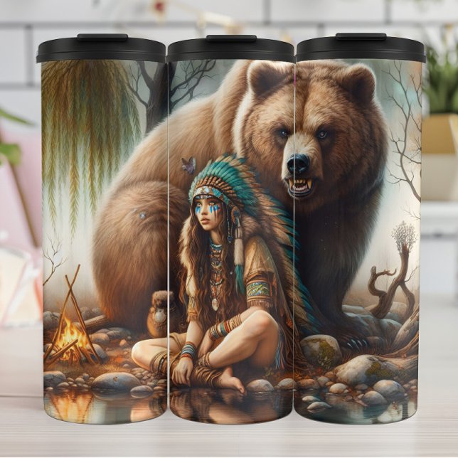 Native Woman, Bear, Fire: Personalise Thermal Tumbler (Creator Uploaded)
