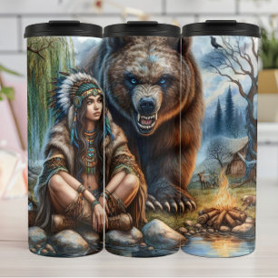 Native Woman, Bear, Fire Thermal Tumbler
