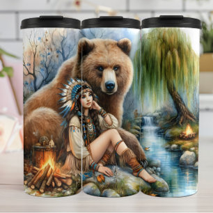Native Woman, Bear, Fire: Tranquil Stream Thermal Tumbler