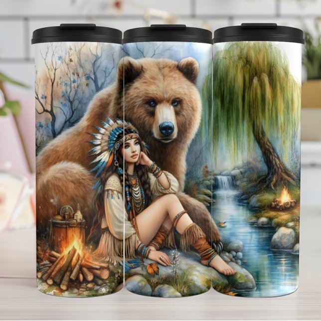 Native Woman, Bear, Fire: Tranquil Stream Thermal Tumbler (Creator Uploaded)