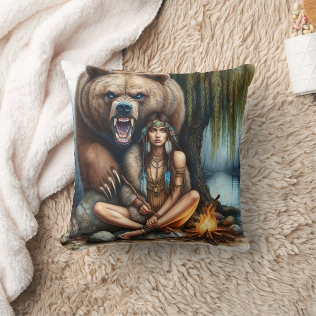 Native Woman by Campfire With Bear Cushion (Blanket)