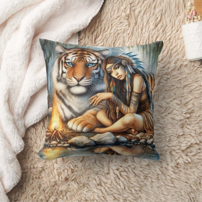 Native Woman by Tiger Near Fire Cushion (Blanket)
