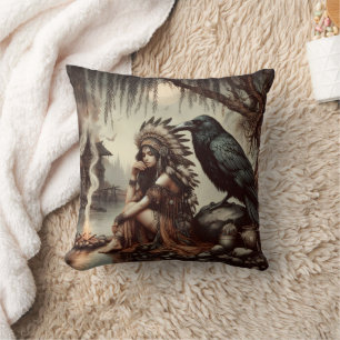 Native Woman by Water With Raven Cushion